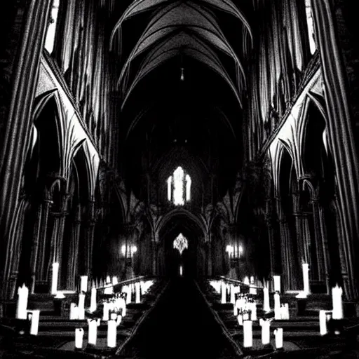 Image similar to a beautiful gothic girl inside a dark gothic cathedral illuminated by candles, impressive scene. grainy and rough. black and white colour scheme. beautiful artistic detailed digital art