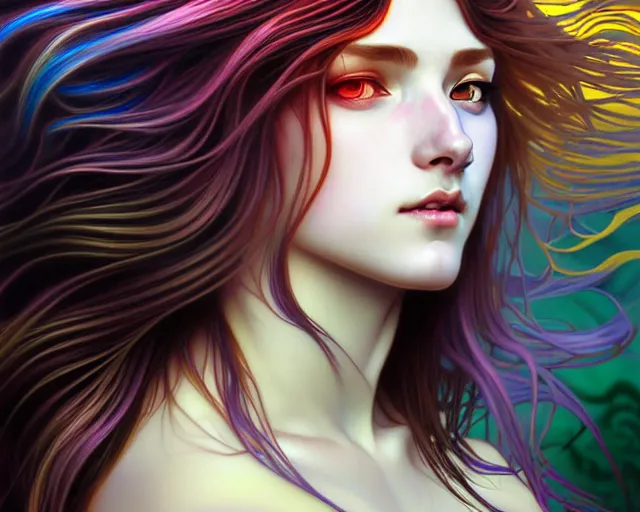 Image similar to overlord, psychedelic flowing hair, close eyes, portrait, highly detailed, deep focus, elegant, digital painting, smooth, sharp focus, illustration, ultra realistic, 8 k, art by artgerm and alphonse mucha and edgar maxence