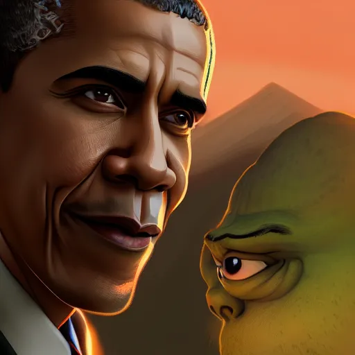 Prompt: barack obama as shrek, brown skin, highly detailed, digital painting, artstation, concept art, sharp focus, illustration, art by greg rutkowski and alphonse mucha