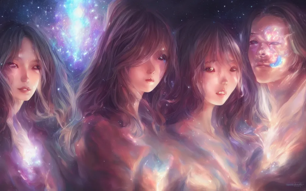 Image similar to A realistic anime portrait of a beautiful cosmic twins with glowing void eyes and cosmic skin wearing clothes made of galaxies, digital painting, by Stanley Artgerm Lau, Sakimichan, WLOP and Rossdraws, digtial painting, trending on ArtStation, SFW version