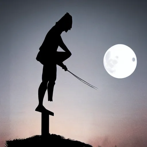 Prompt: silhouette of a ninja in squatting position, on top of a telephone pole, night time, huge full moon in background, art by Greg Rutkowski, cinematic lighting, sharp focus, octane render.