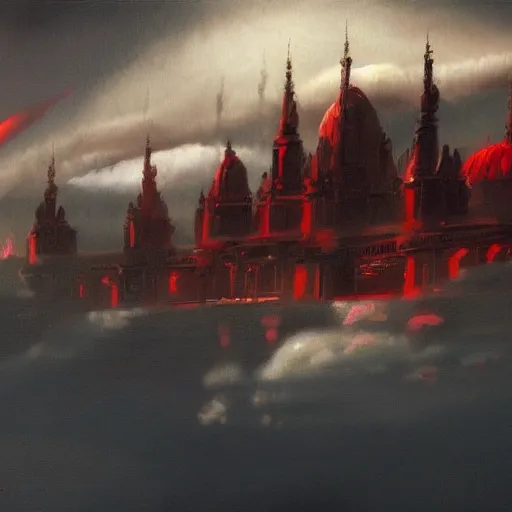 Prompt: concept art of naboo from star wars, building full of red and black flags, cumulonimbus clouds, very very beautiful art.