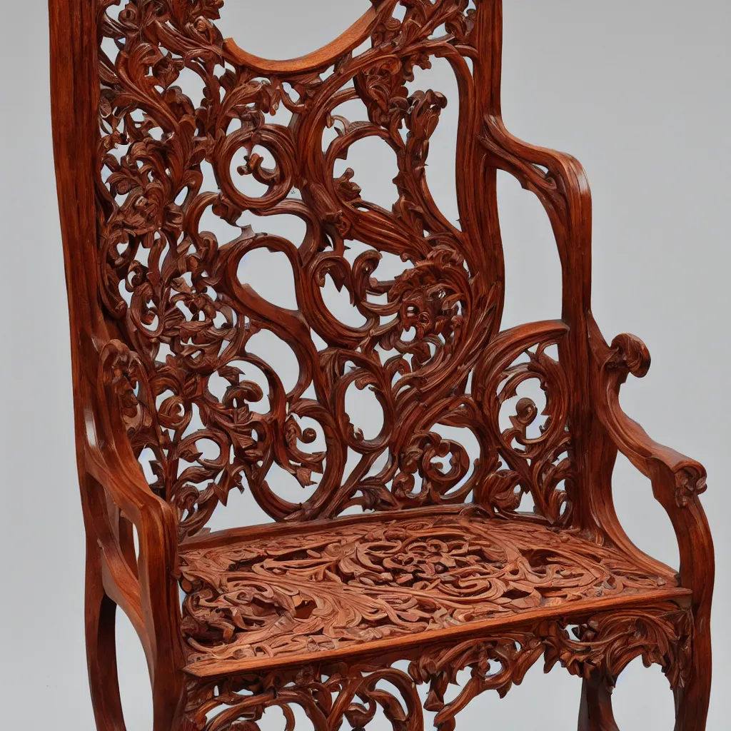 Image similar to a 3 d wooden mahogany art nouveau carved sculptural chair with a delicate multi - layer tracery pattern, intricate and highly detailed, well - lit, ornate, realistic, polished with visible wood grain