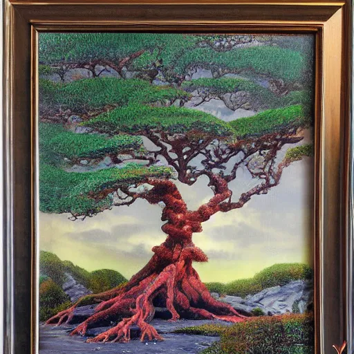 Prompt: The stunning landscape of the ancient trees of FairyCreek, oil painted by Hayao Miyazaki