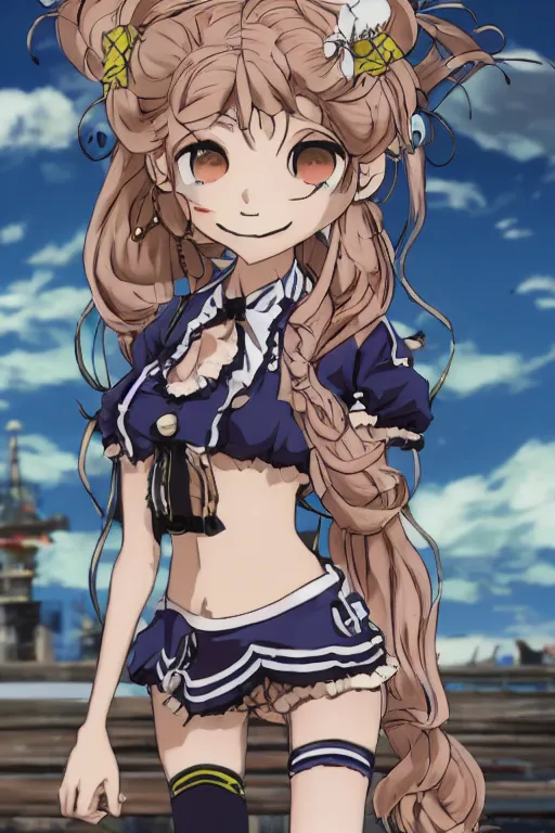 Image similar to junko enoshima, a gyaru model with long thick blonde pigtails, villainess, character design by Akihiko Yoshida in the style of Atelier Lulua, KyoAni, Granblue Fantasy, background art by Krenz Cushart in the style of Atelier Firis, Space Dandy, K-ON, illustration by Masamune Shirow in the style of Shining Resonance, Guilty Crown, Last Exile