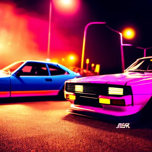 Image similar to a car S30 turbo drift at illegal car meet, shibuya prefecture, sunset night mist neon lights, cinematic color, photorealistic, highly detailed wheels, highly detailed