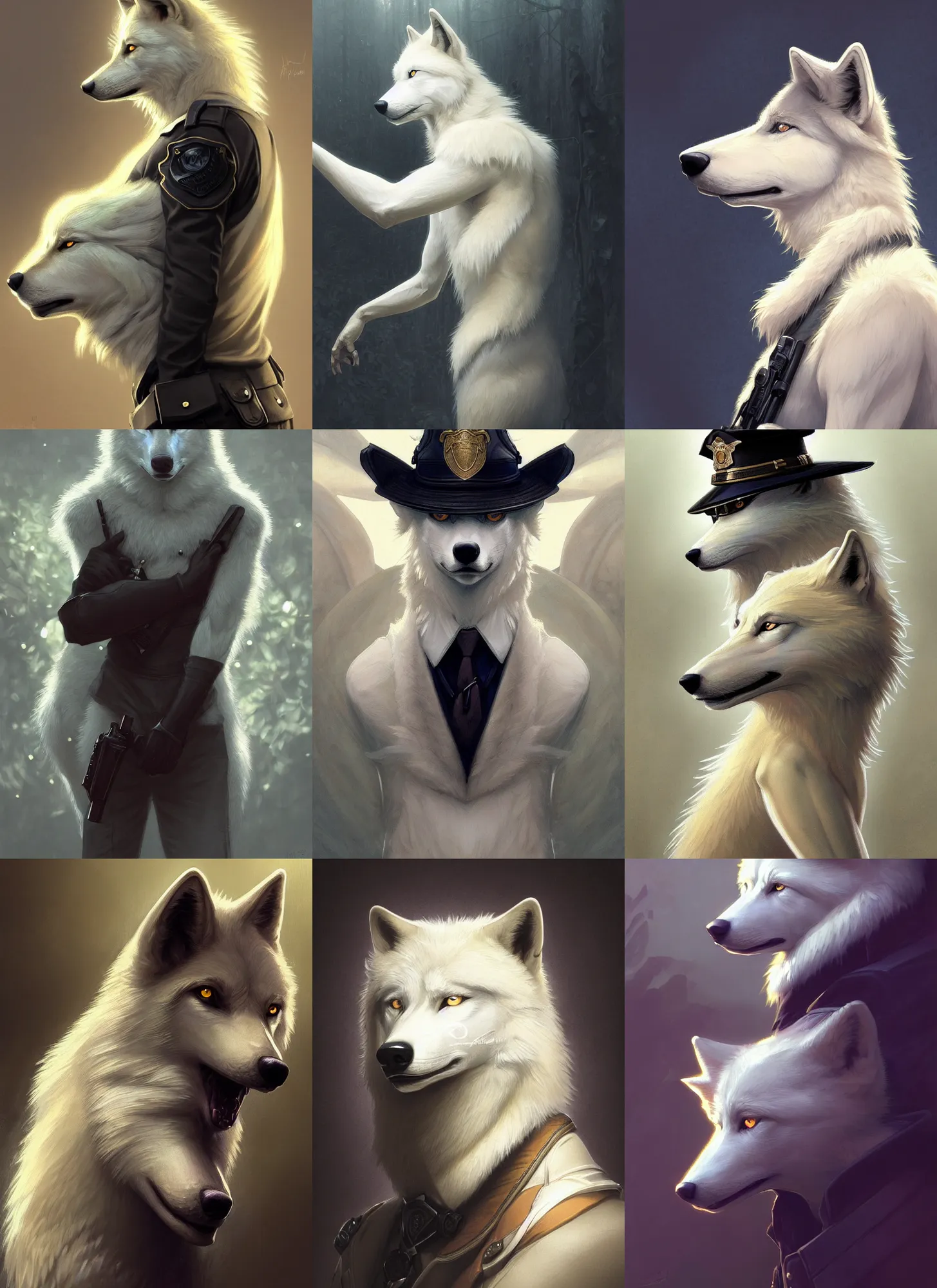 Prompt: photography of a male anthropomorphic albino wolf fursona police officer, deep focus, intricate, elegant, highly detailed, digital painting, artstation, concept art, matte, sharp focus, illustration, art by artgerm and greg rutkowski and alphonse mucha