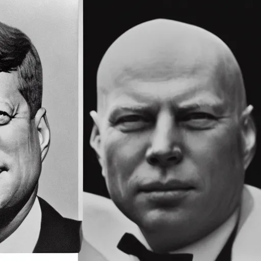Prompt: portrait photo of bald john f kennedy and nikita kruschev next to each other, black and white, atmospheric lighting