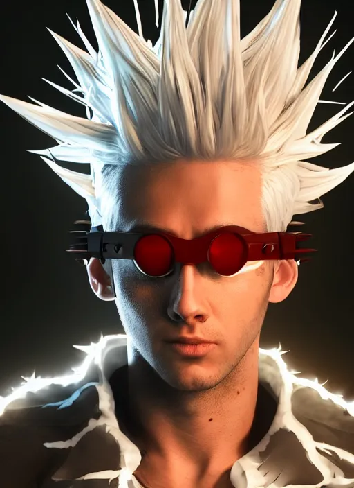 Image similar to An epic fantasy comic book style portrait painting of young man with long red spiked hair. Wearing a black waistcoat, white shirt, using googles. Rockstar. Blasting fire on his hands. Unreal 5, DAZ, hyperrealistic, octane render, cosplay, RPG portrait, dynamic lighting