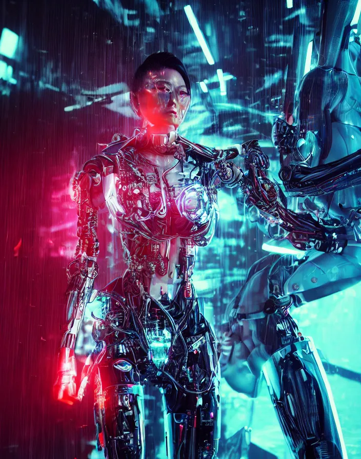 Prompt: full body portrait photo of japanese model cyborg with digital led skin, neon lighting, techno neon projector background, portrait photo, intricate details, ultra realistic, unreal engine 5, depth of field, bokeh, octane render, tron, irobot, bladerunner 8 k hd