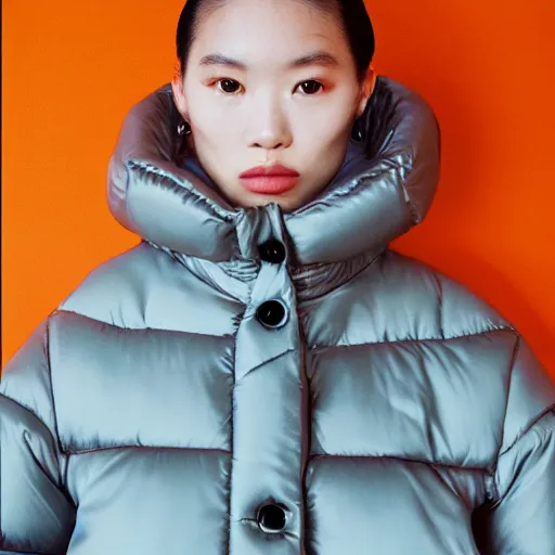 Image similar to realistic photoshooting for a new balenciaga lookbook, color film photography, portrait of a blonde asian woman, model wearing a puffer jacket, photo in style of tyler mitchell, 3 5 mm,