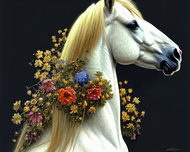 Image similar to side portrait of a horse which disintegrates into ornamental flowers and plants, uniquely beautiful animal, emotionally evoking symbolic metaphors, head in focus, heavily gothic ornamental, intricate, elegant, highly detailed photorealistic digital painting, artstation, concept art, painterly, golden ratio, sharp focus, illustration, art by greg rutkowski and alphonse mucha,