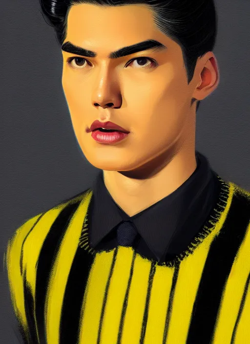 Image similar to portrait of young reggie mantle, mean smirk, egotistical, slicked back hair, striped yellow and black sweater, 1 9 5 0 s, intricate, elegant, glowing lights, highly detailed, digital painting, artstation, concept art, smooth, sharp focus, illustration, art by wlop, mars ravelo and greg rutkowski