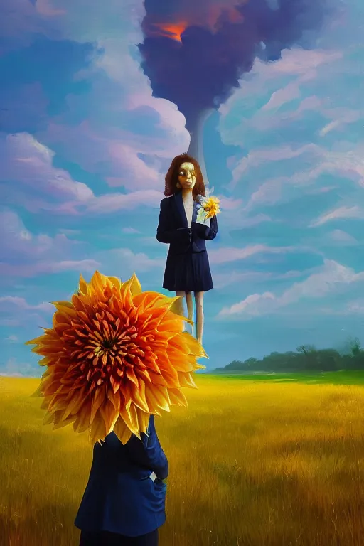 Image similar to closeup giant dahlia flower head, girl in a suit, surreal photography, blue sky, sunrise, dramatic light, impressionist painting, digital painting, artstation, simon stalenhag