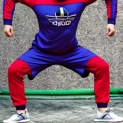 Image similar to russian squatting thanos in an adidas tracksuit