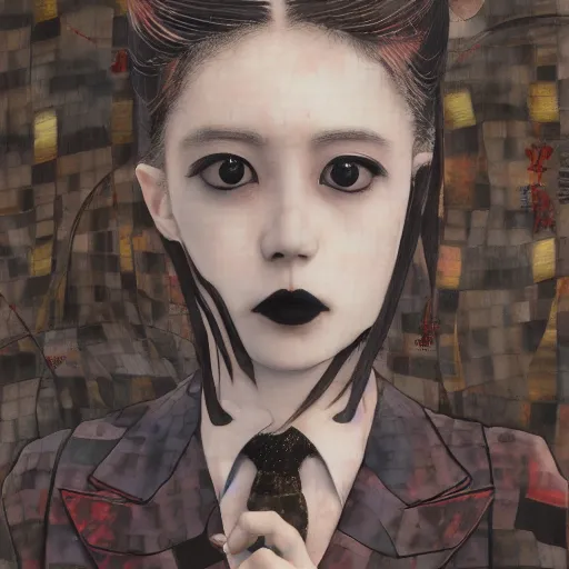 Image similar to yoshitaka amano blurred and dreamy realistic three quarter angle portrait of a young woman with black lipstick and black eyes wearing dress suit with tie, junji ito abstract patterns in the background, satoshi kon anime, noisy film grain effect, highly detailed, renaissance oil painting, weird portrait angle, blurred lost edges