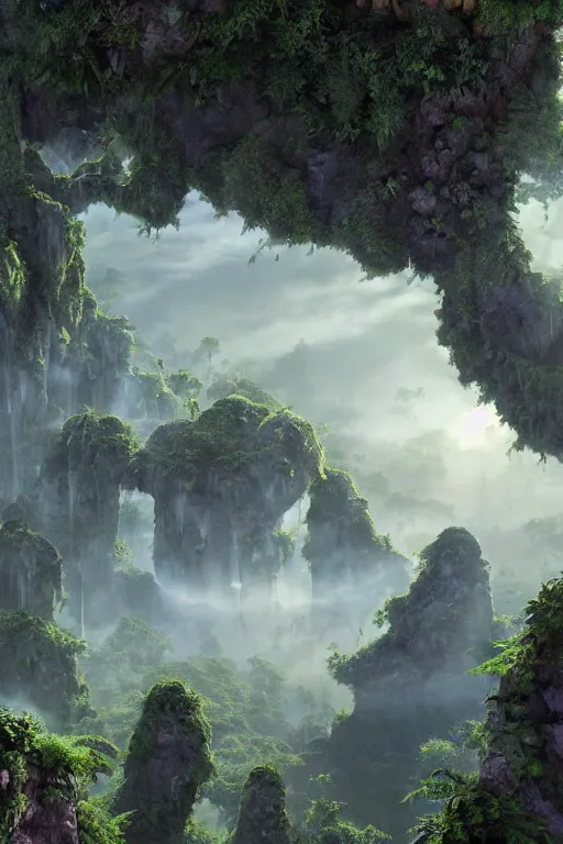 Image similar to ancient fractal temple megastructure in the hanging gardens of a radiant forest jungle, overgrown garden, scanned earth terrain fractal bridges, highly detailed erosion algorithm landscape, by albert bierdstat, by glenn small, high resolution, 8 k photorealism, god rays in volumes of fog, looking up perspective, unreal engine, octane render, realistic render