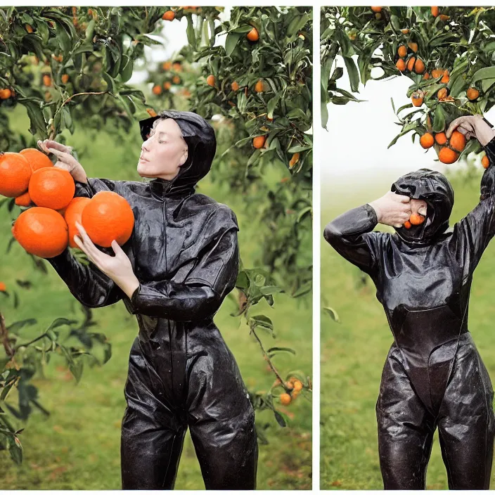 Image similar to a closeup portrait of a woman wearing a vintage diving suit, picking oranges from a tree in an orchard, foggy, moody, photograph, by vincent desiderio, canon eos c 3 0 0, ƒ 1. 8, 3 5 mm, 8 k, medium - format print