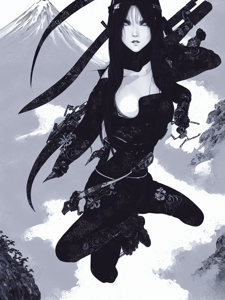 Image similar to portrait ninja gaiden girl, black plus white ninja wardrobe, at snowy fuji mountain sunrise, ssci - fi and fantasy, intricate and very very beautiful, detailed, digital painting, artstation, concept art, smooth and sharp focus, illustration, art by tian zi and wlop and alphonse mucha