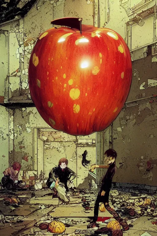 Image similar to A giant apple floating in an abandoned room, anime manga illustration detailed art Geof Darrow and Phil hale and Ilya repin