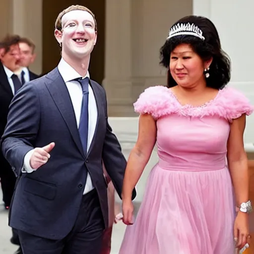 Image similar to mark zuckerberg wearing a poofy pink dress and a tiara