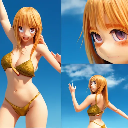 Image similar to Render of a very beautiful 3d anime girl, long hair, hazel eyes, cute freckles, full round face, oiled, short smile, cute bikini, golden hour, serene beach setting, cinematic lightning, medium shot, mid-shot, highly detailed, trending on Artstation, Unreal Engine 4k
