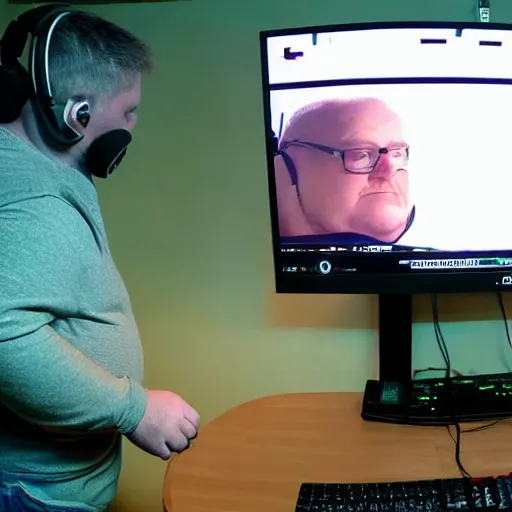 Image similar to obese Allan Moore wearing a headset yelling at his monitor while playing WoW highly detailed wide angle lens 10:9 aspect ration award winning photography by David Lynch esoteric erasure head