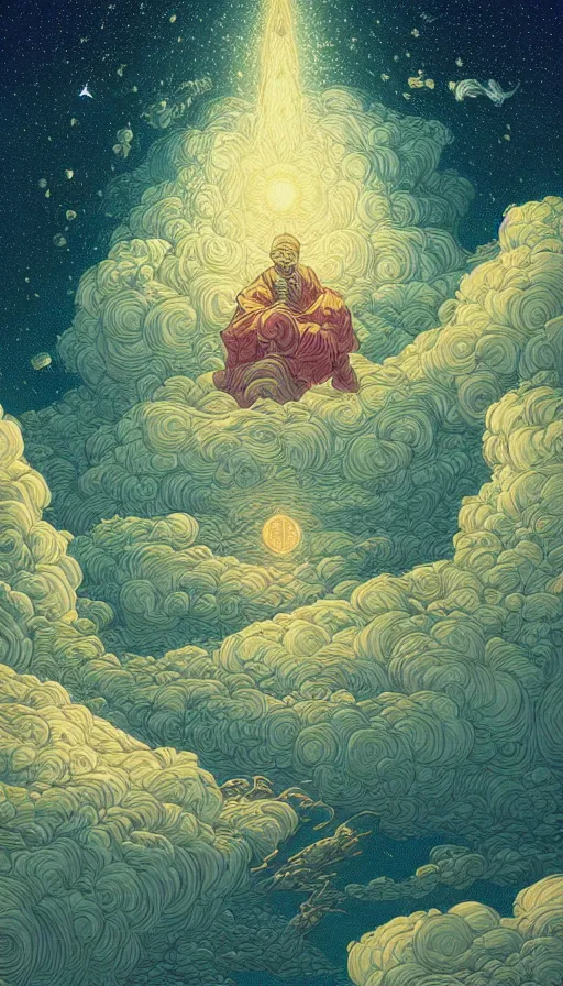 Prompt: the ancient oracle of the dreamings of storytellers floating on starlit cosmic cloudscape, futurism, dan mumford, victo ngai, kilian eng, da vinci, josan gonzalez