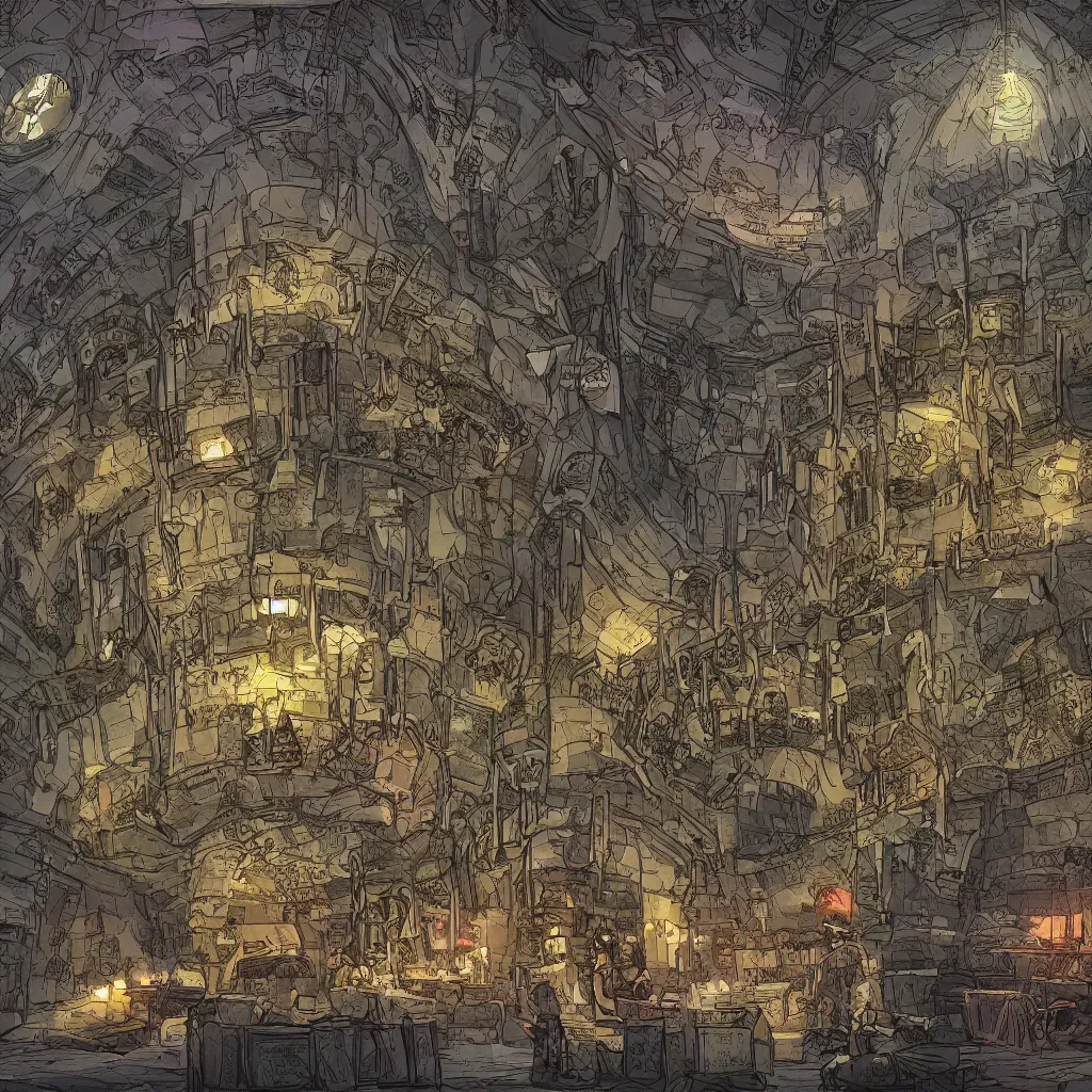 Image similar to An intensely bureaucratic villains lair with dozens of henchman doing paperwork, gridless DND map, 8k digital art, high quality,