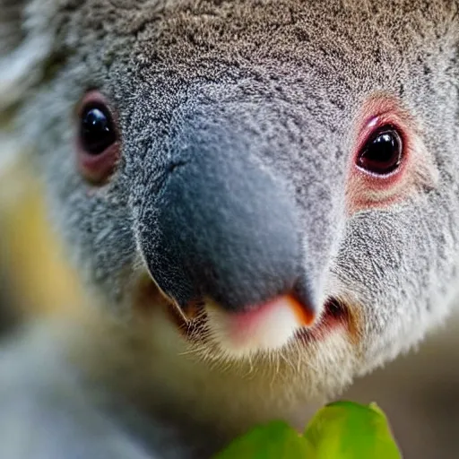 Prompt: award winning nature photograph of a koala with a beak. the beak is a parrot's beak. focus on the beak. extreme detail, hyperrealistic photo, smooth, trending on artstation