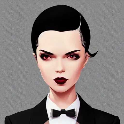 Image similar to beautiful slim cruel business girl in tuxedo with black bob hair, elegant, 2d, ultra highly detailed, digital painting, smooth, sharp focus, artstation, trending on artstation, art by Ilya Kuvshinov