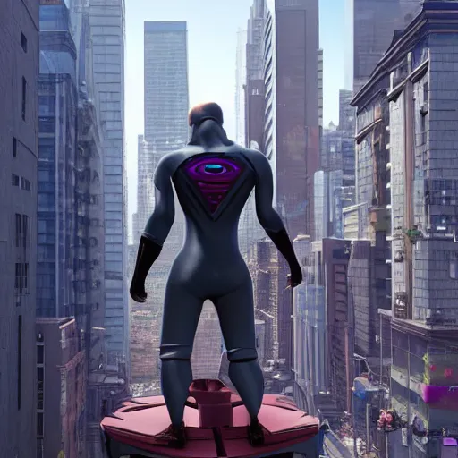 Prompt: funny futuristic colorful Super hero floating in big city , stunning photo real concept art, cinematic, clean, realistic, from algorithmic design by Steve Skroce and Moebius, for James Cameron and Weta workshop, 3d sculpt, 3d high poly render with octane, realistic textures, subtle depth of field, Zeiss lenses, 8k post-processing, manicured, Fuji LUT, smooth, ultradetailed