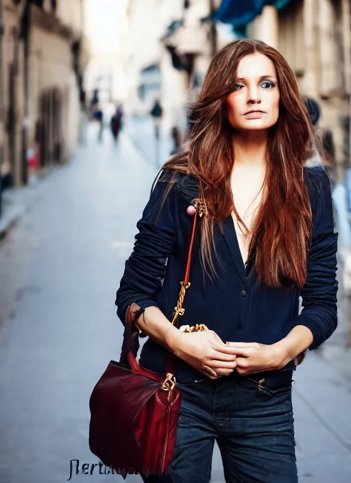 Prompt: color realistic portrait of a beautiful, stylish, 30-year-old French woman in the street, with long, straight hair, street portrait in the style of Mario Testino