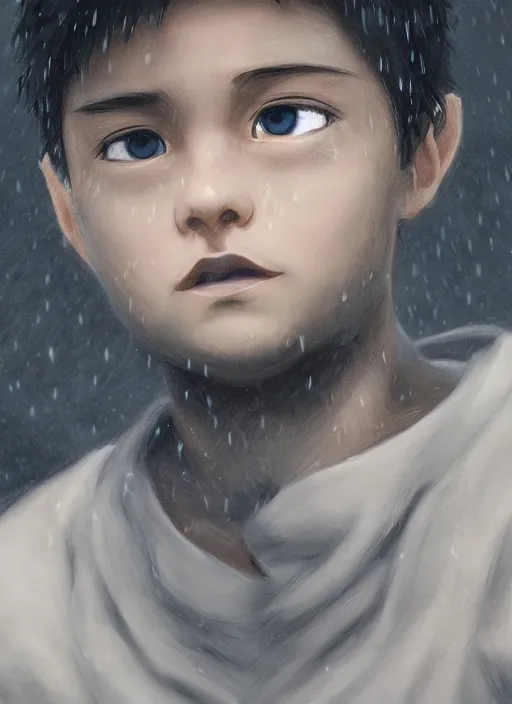 Image similar to Killua in real life, face centered portrait of Killua, Confident, fog, rain, volumetric lighting, beautiful, golden hour, sharp focus, ultra detailed, cgsociety by Leesha Hannigan, Ross Tran, Thierry Doizon, Kai Carpenter,Ignacio Fernández Ríos, noir art house, 4k, 35mm, fujifilm”