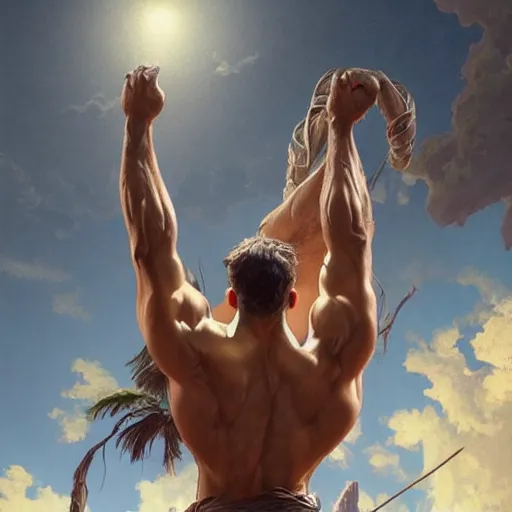 Prompt: ultra realistic illustration, a very tall and muscular gigachad flexing on top of a mountain, intricate, elegant, highly detailed, digital painting, artstation, concept art, smooth, sharp focus, illustration, art by artgerm and greg rutkowski and alphonse mucha