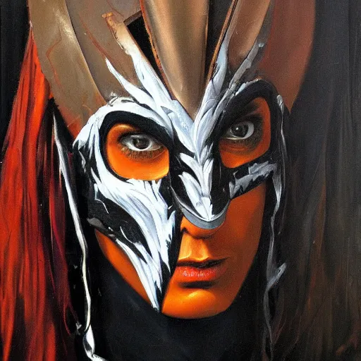 Image similar to detailed oil painting dark shaman wearing Raven mask by Phil hale