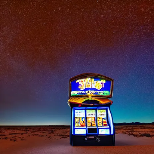 Image similar to a slot machine in the middle of a desert at night, wide shot, liminal space,