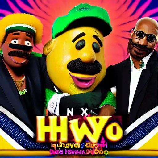 Image similar to the next best jamaican riddims dub trap phonk album cover with steve harvey and mr potato head