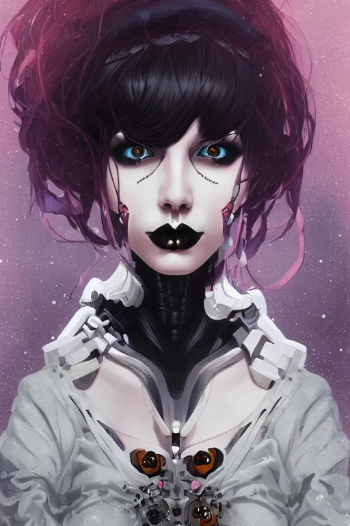 Image similar to portrait of beautiful young gothic cyborg anime maiden. Anime, cyberpunk, Warhammer, highly detailed, artstation, illustration, art by Ilya Kuvshinov and Gustav Klimt