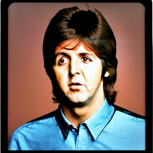 Prompt: Colored Colorized Polaroid Portrait of a younger 1970s 35 year old Paul McCartney, taken in the 1970s, photo taken on a 1970s polaroid camera, grainy, real life, hyperrealistic, ultra realistic, realistic, highly detailed, epic, HD quality, 8k resolution, body and headshot, film still, front facing, front view, headshot and bodyshot, detailed face, very detailed face, by Andy Warhol