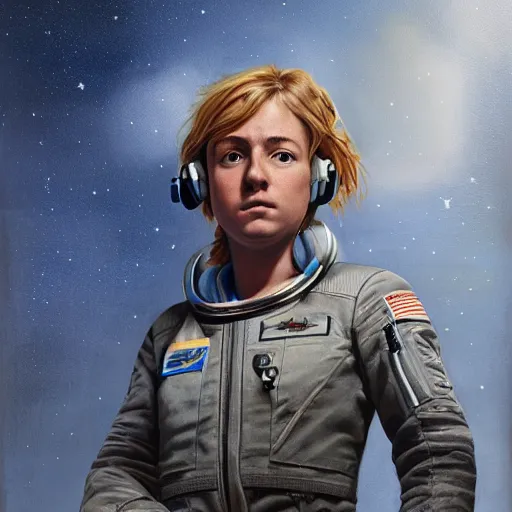 Prompt: rough and moody, highly detailed painting, 3 / 4 view, lonely awkward brilliant teenage female blond tomboy girl, anxious, in flight suit, space high school, science fiction, octane render, artstation, michael whelan, ron cobb, digital illustration