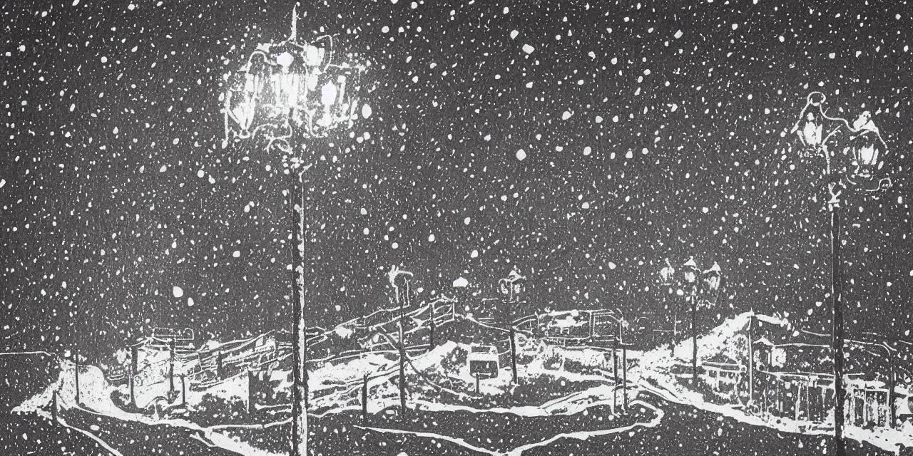 Image similar to laurentian appalachian mountains during winter, original and creative black ink surrealist landscape artwork, snowy night, streetlamps, interesting textures