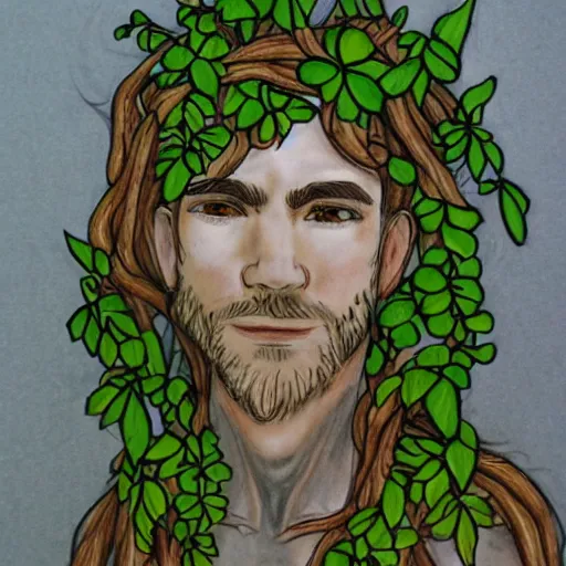 Image similar to male firblog druid with vines as hair flower in his hair detailed drawing