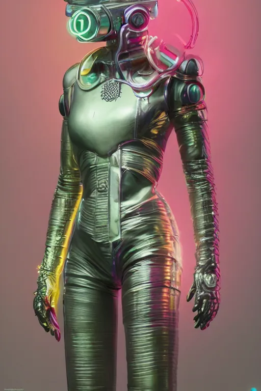 Prompt: an intricate android with bright neon hydraulics, body made from porcelain and brass, leather gloves, pastel colors, 1 9 5 0 sci - fi, studio lighting, full body, calm, art nouveau, ambient occlusion, octane render, ultra detailed, artgerm, greg rutkowski, tom bagshaw