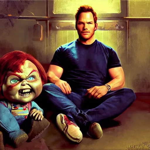 Image similar to the actor chris pratt sitting beside the doll chucky, disney land as backdrop, oil painting, by greg rutkowski