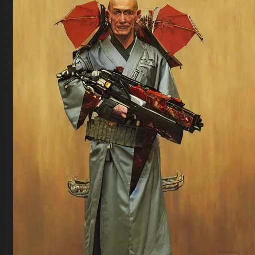 Image similar to the doomslayer wearing a kimono, portrait art by norman rockwell and donato giancola and greg rutkowski,