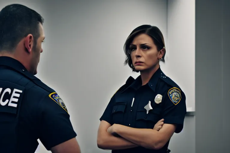 Image similar to vfx film closeup, police detective couple arguing in police precinct, over the shoulder shot, flat color profile low - key lighting award winning photography arri alexa cinematography, hyper real photorealistic cinematic beautiful natural skin, famous face, atmospheric cool colorgrade