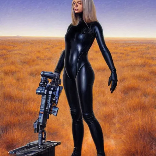 Prompt: pleiadian woman with big eyes and long silver hair wearing a dark body suit and holding a plasma gun as a realistic sci fi character, portrait art by donato giancola and greg rutkowski, digital art, trending on artstation, standing in a barren field