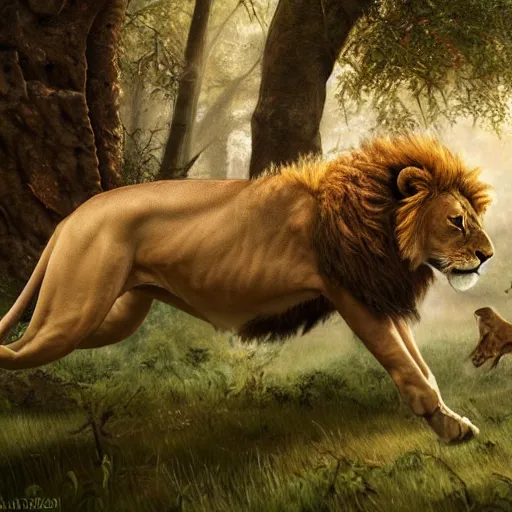 Prompt: an oil painting of lion chasing a deer in the forest, masterpiece, highly detailed, high quality, 4 k, anatomically correct, hyperrealistic, concept art, octane render, unreal engine 5, trending on artstation, trending on deviantart, matte, historical painting, fantasy style, path traced, high coherence, soft lighting, digital painting, mythical