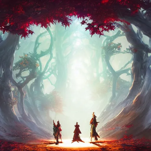 Prompt: dungeons and dragons fantasy painting, sacred grove of autumn maple bonsais with gnostic glowing runes, anime inspired by krenz cushart, evening lighting, by brian froud jessica rossier and greg rutkowski